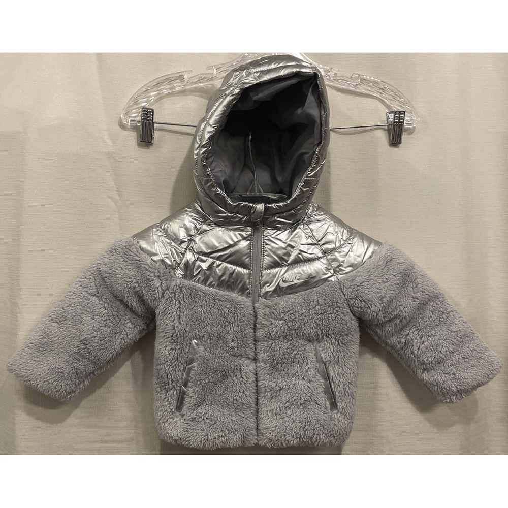 Nike Baby Girl Silver Hooded Puffer Full Zip Jacket Infants 12 Months
